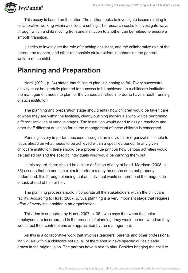 Issues Relating to Collaborative Working Within a Childcare Setting. Page 2