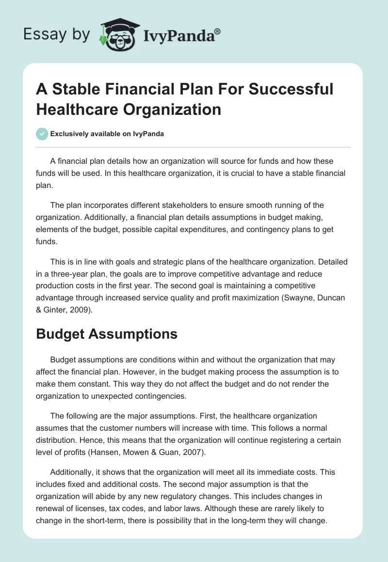 A Stable Financial Plan For Successful Healthcare Organization. Page 1