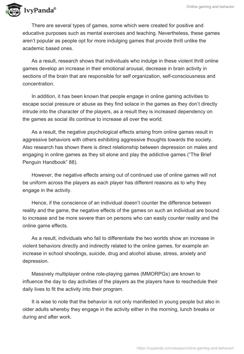 Online gaming and behavior - 1457 Words