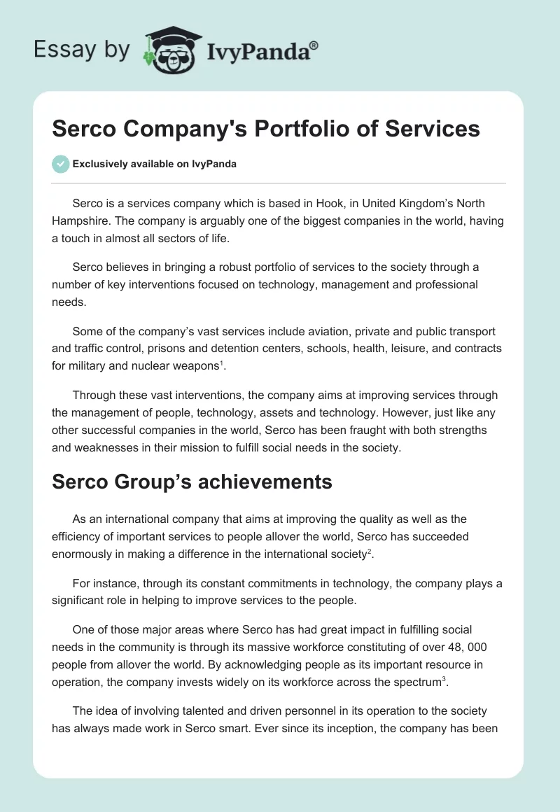 Serco Company's Portfolio of Services. Page 1