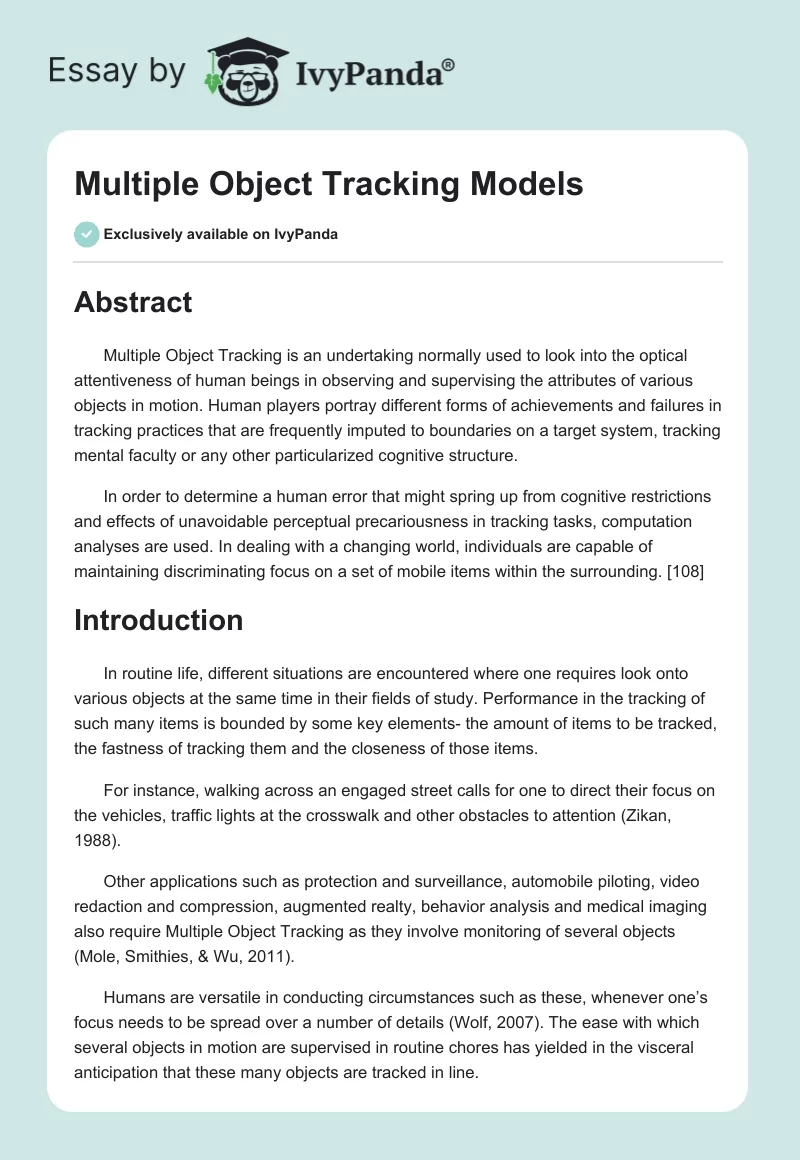Multiple Object Tracking Models. Page 1