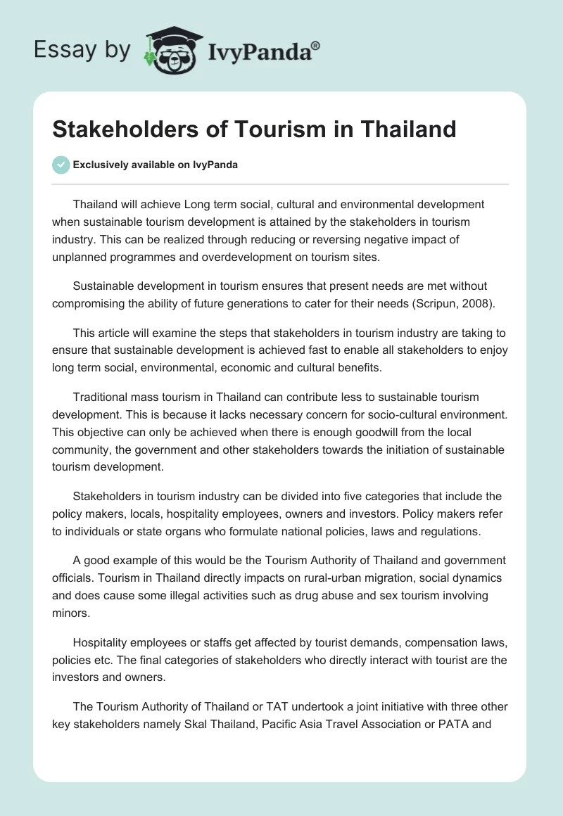 Stakeholders of Tourism in Thailand. Page 1