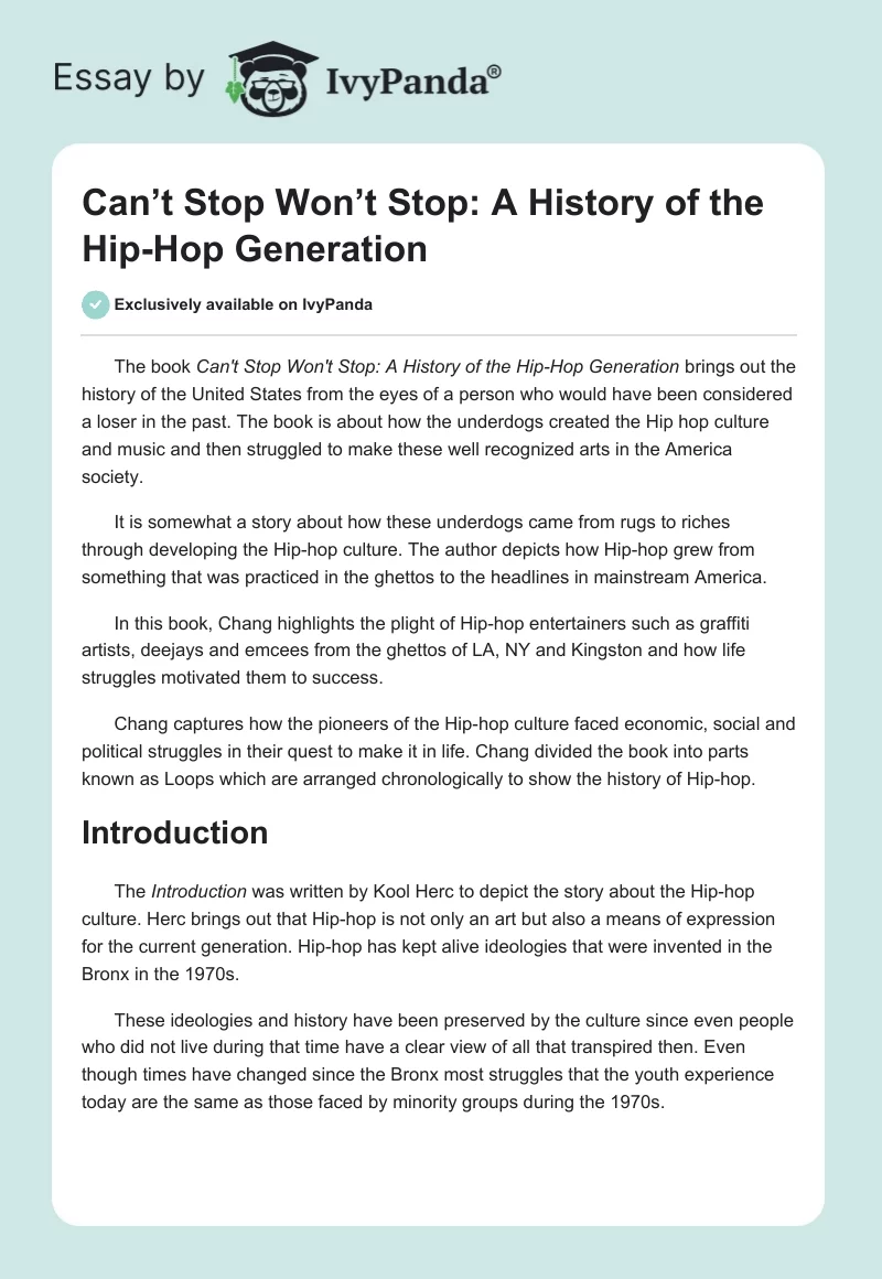 Can’t Stop Won’t Stop: A History of the Hip-Hop Generation. Page 1