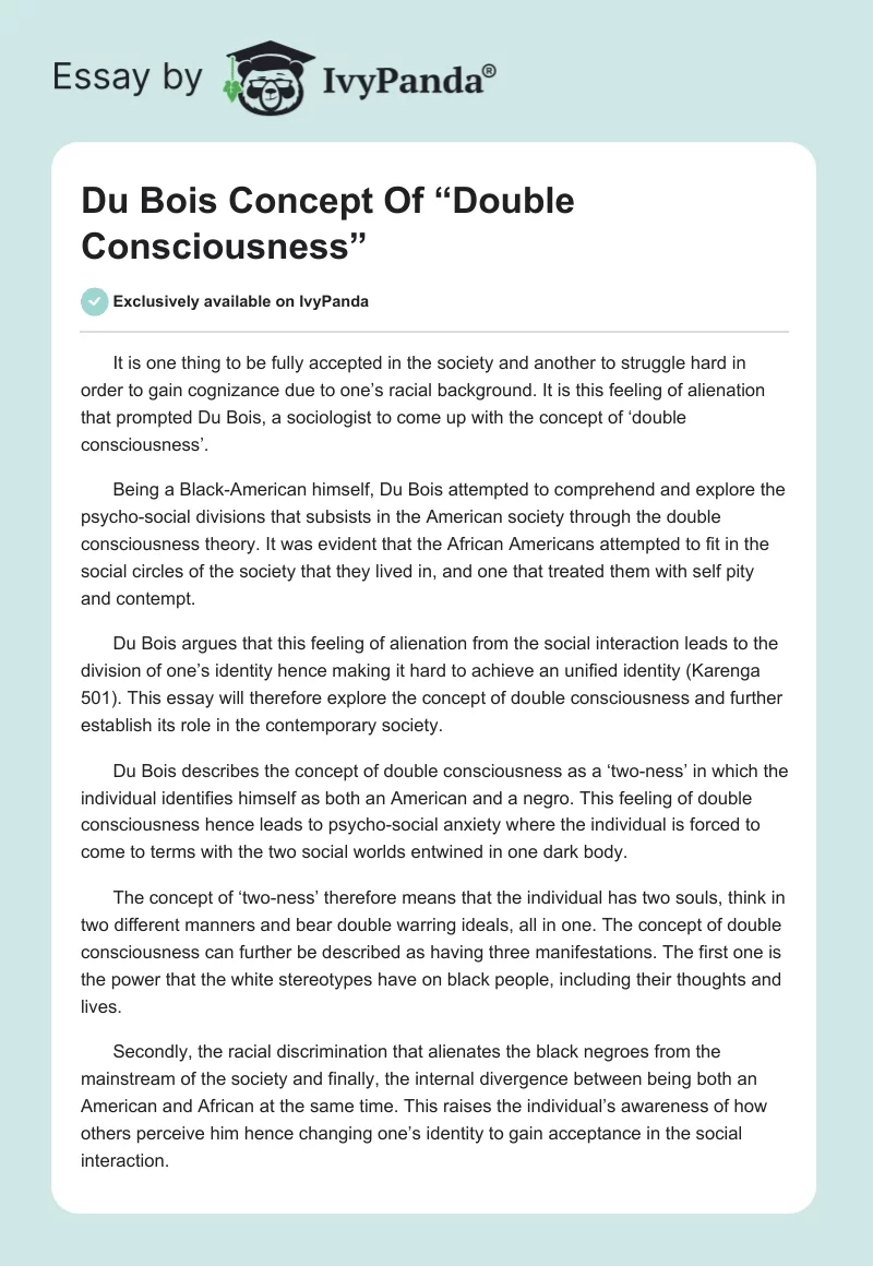 Du Bois Concept of “Double Consciousness”. Page 1