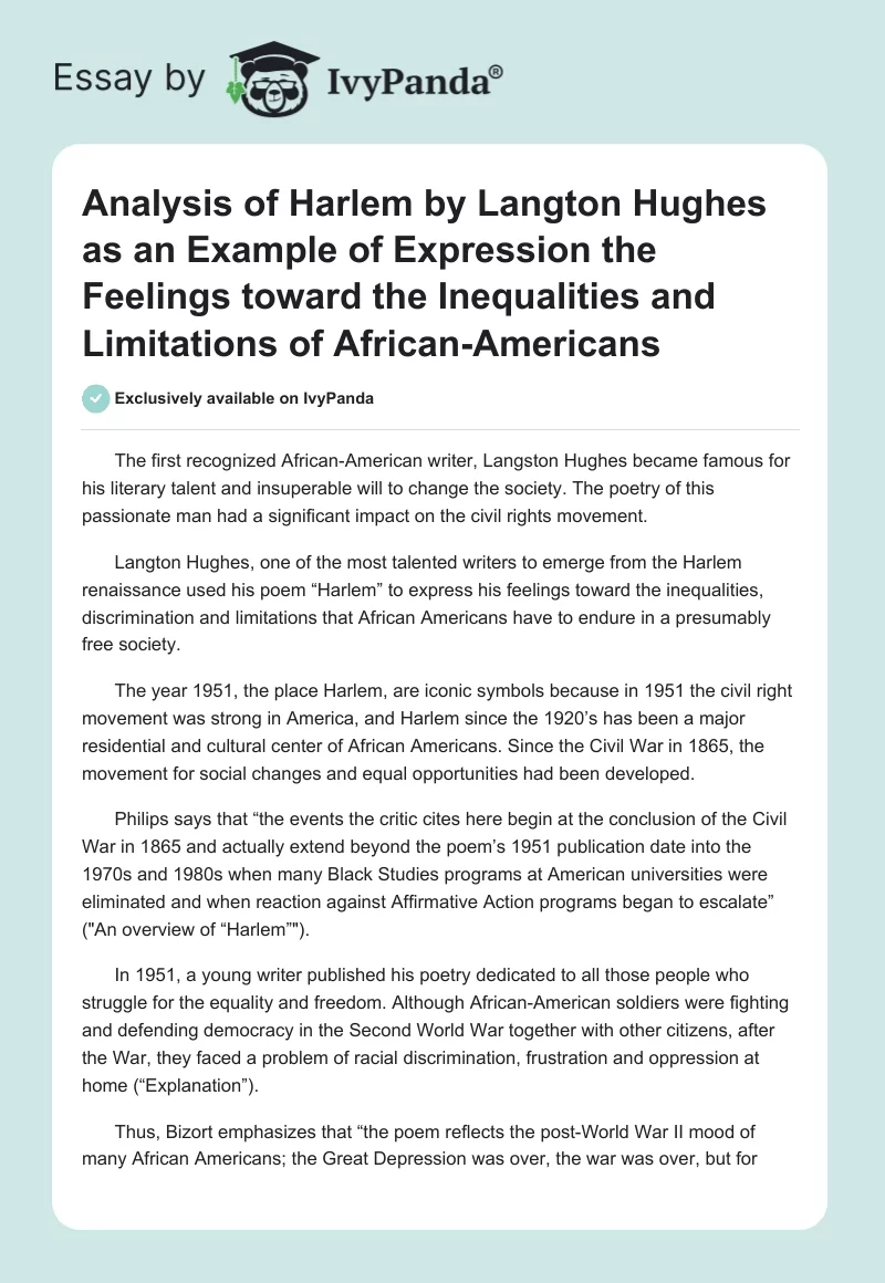 Analysis of Harlem by Langton Hughes as an Example of Expression the Feelings toward the Inequalities and Limitations of African-Americans. Page 1