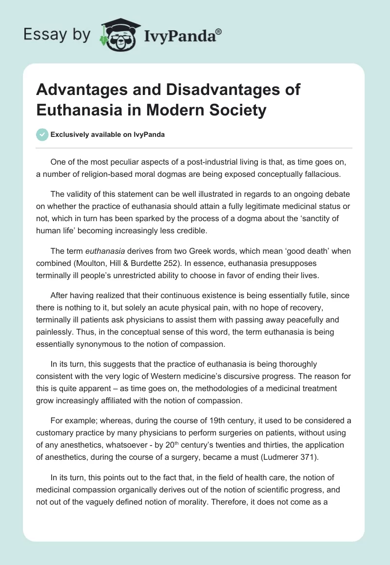 Advantages and Disadvantages of Euthanasia in Modern Society. Page 1