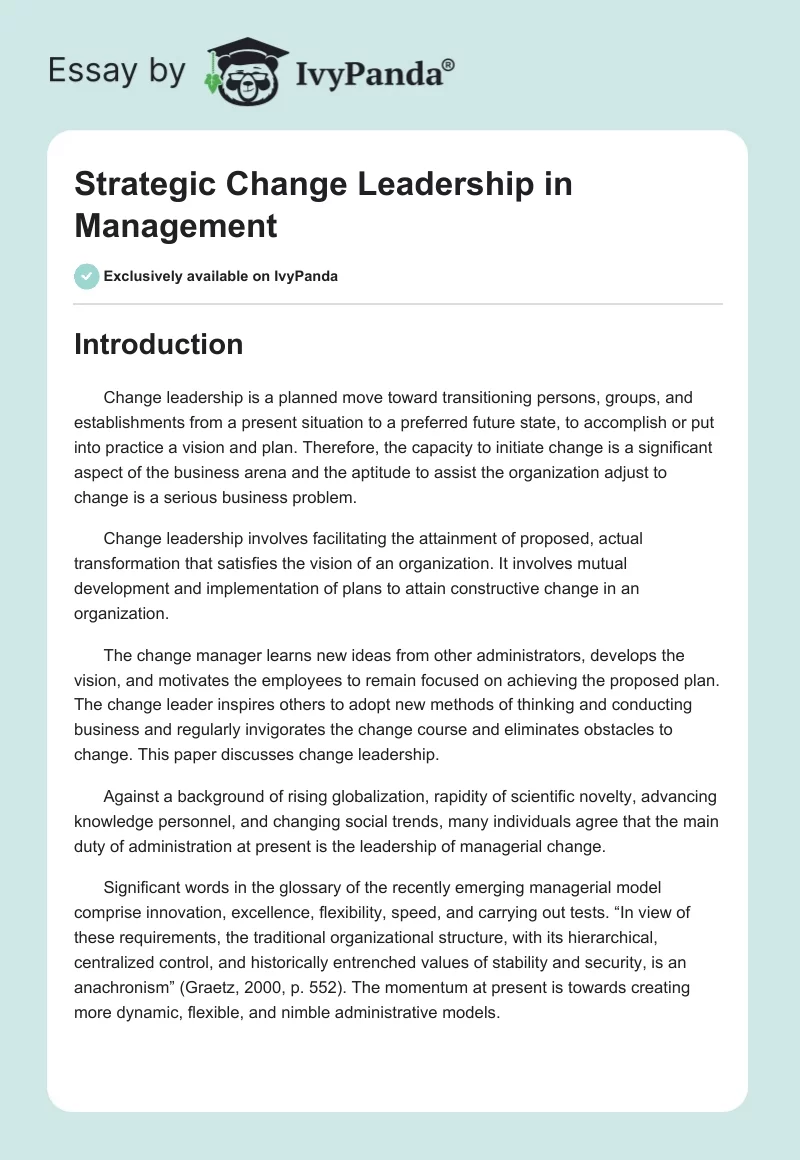 Strategic Change Leadership in Management. Page 1