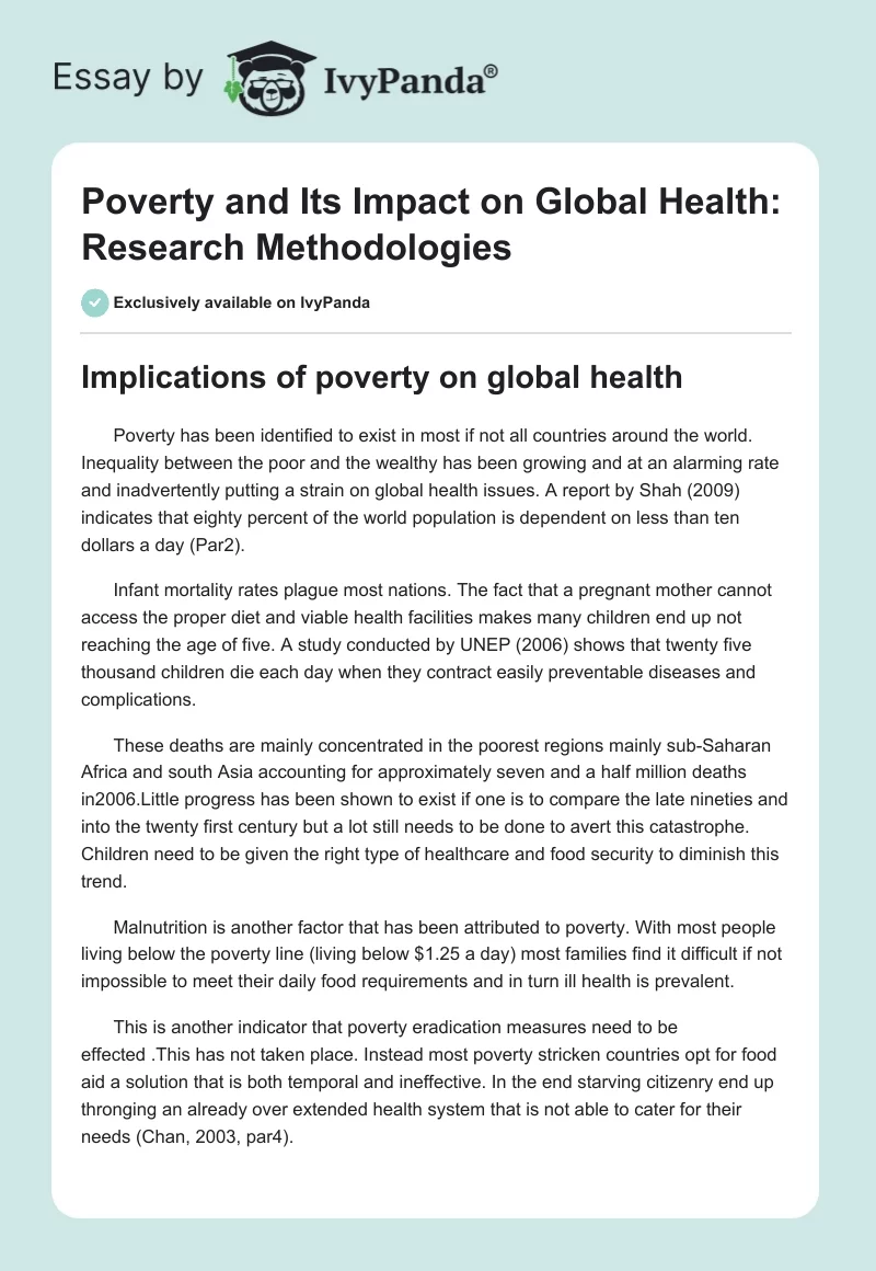 Poverty and Its Impact on Global Health: Research Methodologies. Page 1