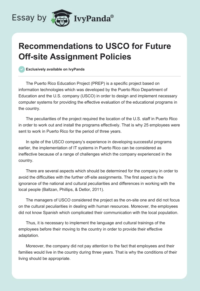 Recommendations to USCO for Future Off-site Assignment Policies. Page 1
