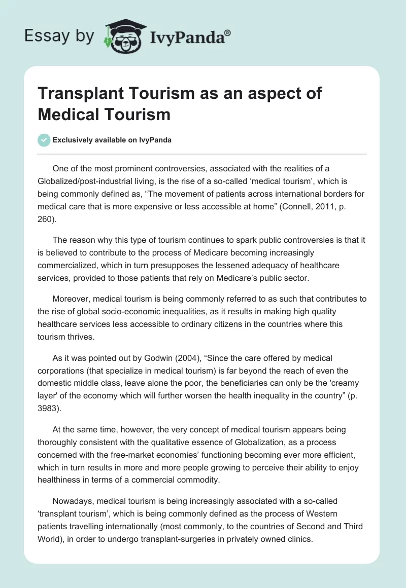 Transplant Tourism as an aspect of Medical Tourism. Page 1