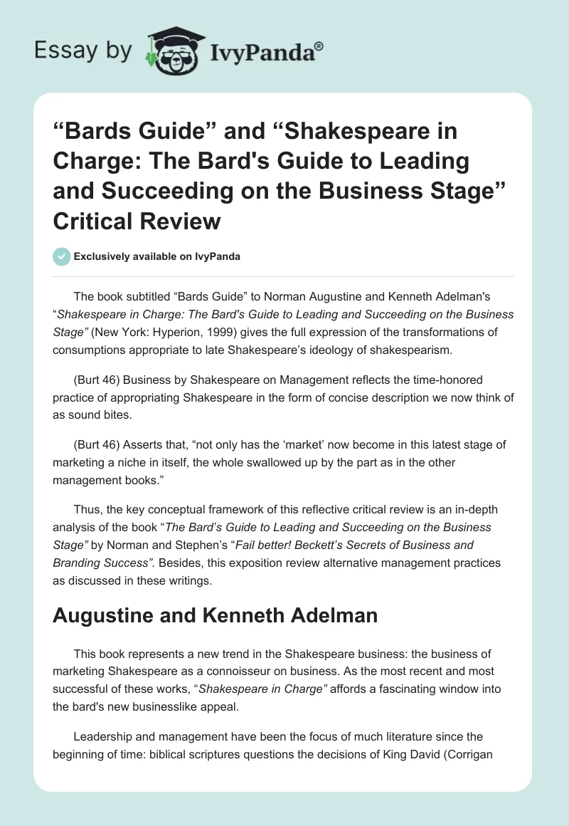“Bards Guide” and “Shakespeare in Charge: The Bard's Guide to Leading and Succeeding on the Business Stage” Critical Review. Page 1