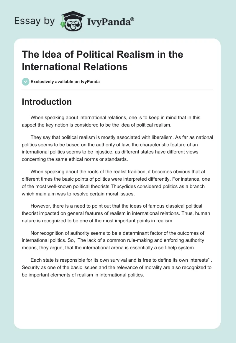 The Idea of Political Realism in the International Relations. Page 1