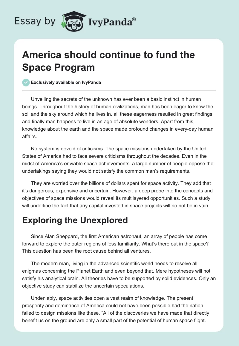 America should continue to fund the Space Program. Page 1