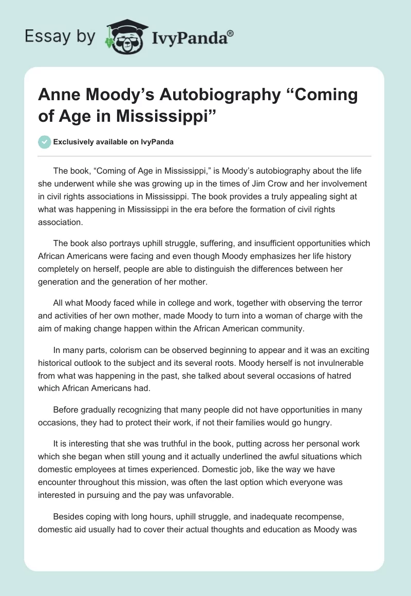 Anne Moody’s Autobiography “Coming of Age in Mississippi”. Page 1