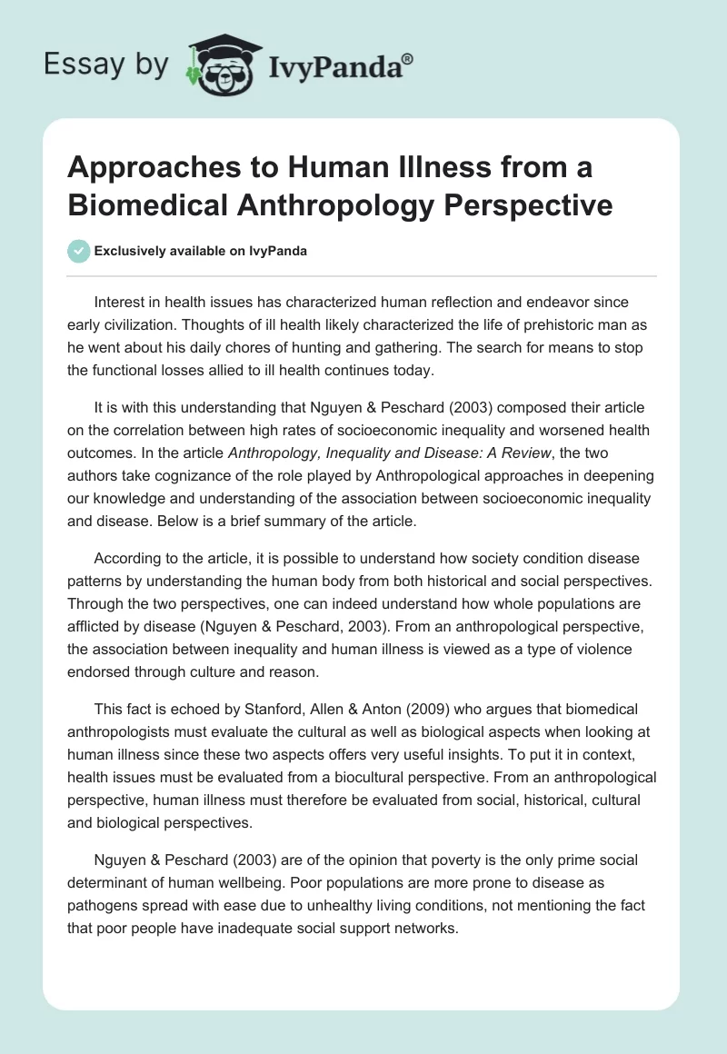 Approaches to Human Illness From a Biomedical Anthropology Perspective. Page 1