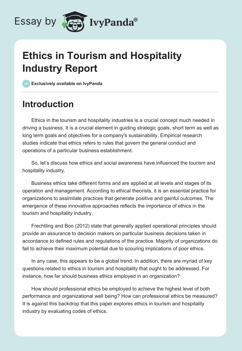 Ethics in Tourism and Hospitality Industry Report. Page 1