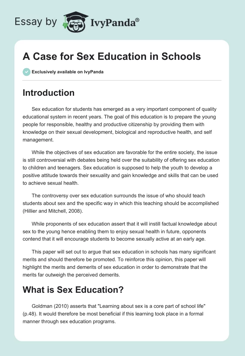 A Case for Sex Education in Schools - 1383 Words | Research Paper Example