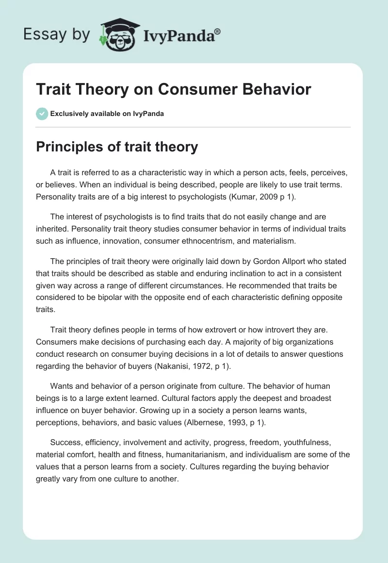 Trait Theory on Consumer Behavior. Page 1