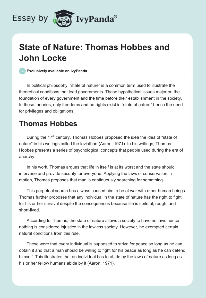 State of Nature: Thomas Hobbes and John Locke. Page 1
