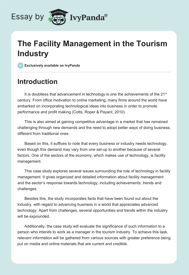 The Facility Management in the Tourism Industry. Page 1
