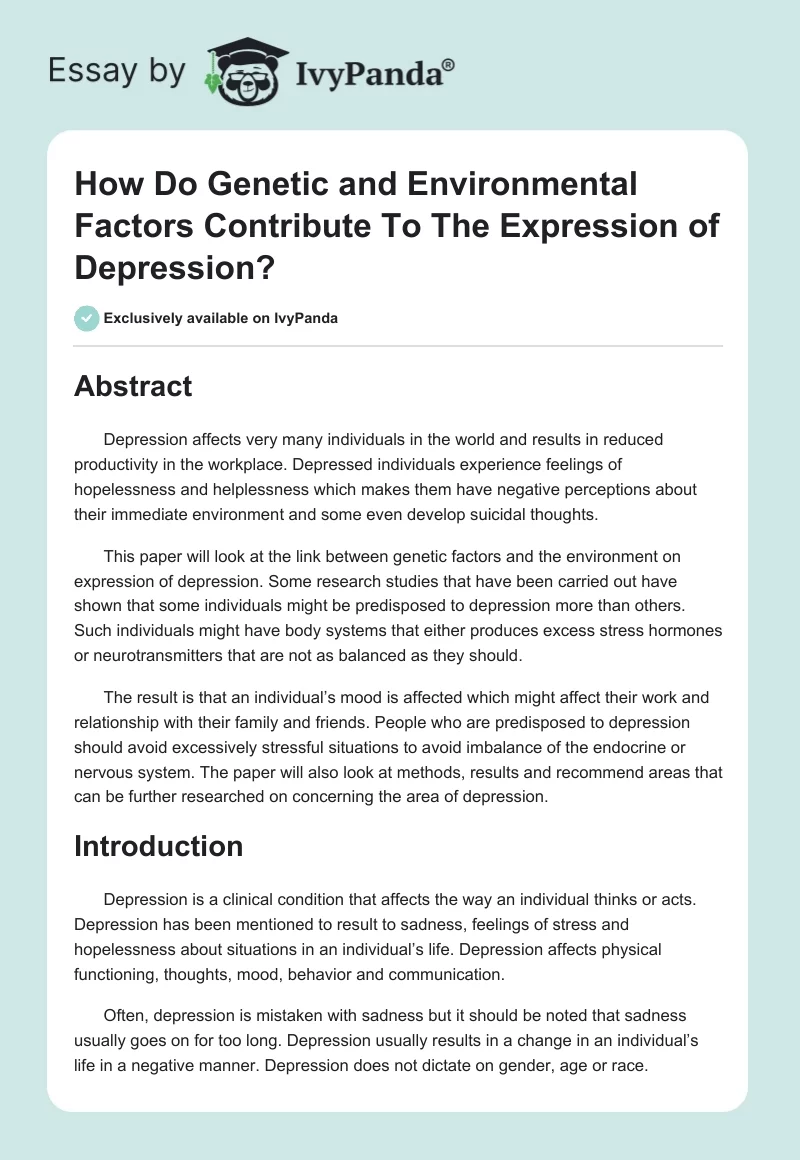 How Do Genetic and Environmental Factors Contribute To The Expression of Depression?. Page 1