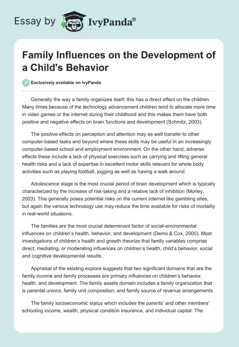 Family Influences on the Development of a Child's Behavior. Page 1
