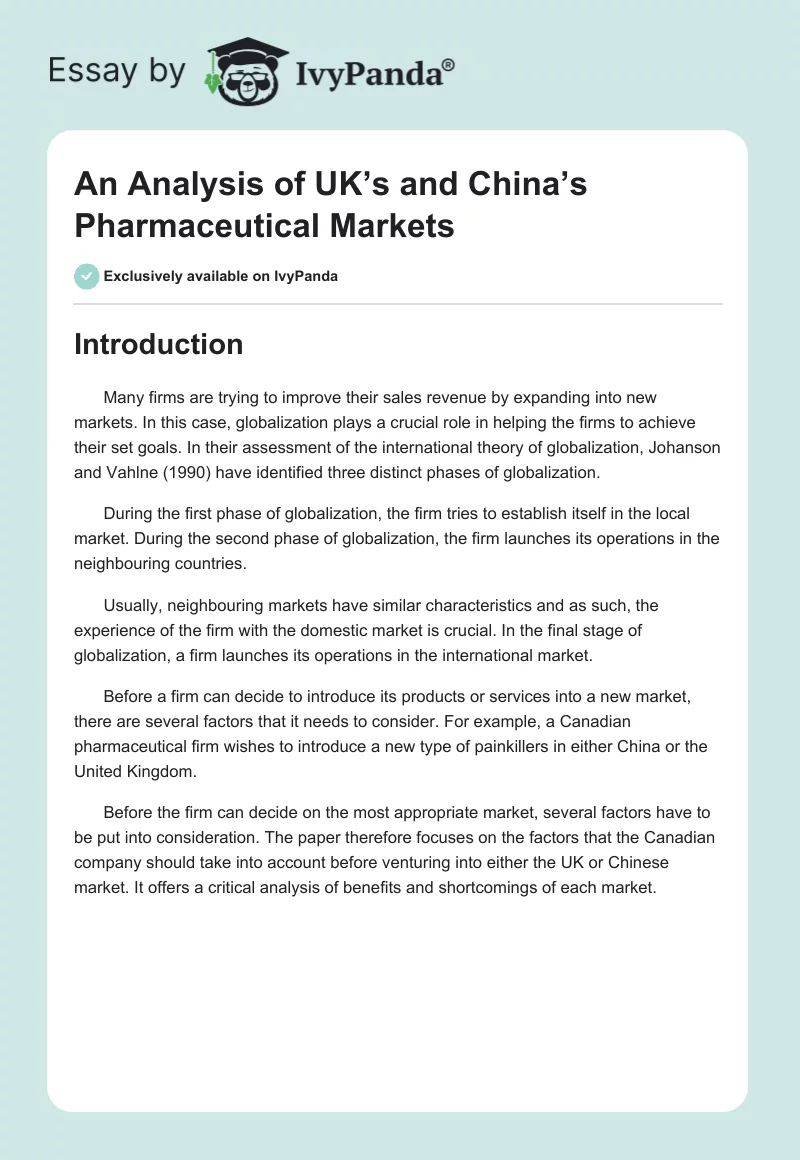 An Analysis of UK’s and China’s Pharmaceutical Markets. Page 1