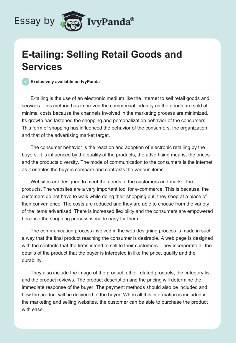 E-tailing: Selling Retail Goods and Services. Page 1