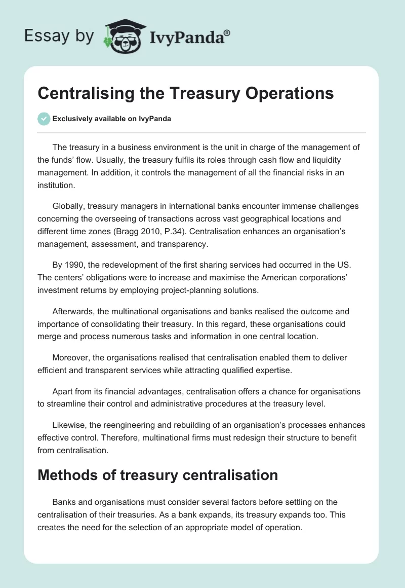 Centralising the Treasury Operations. Page 1