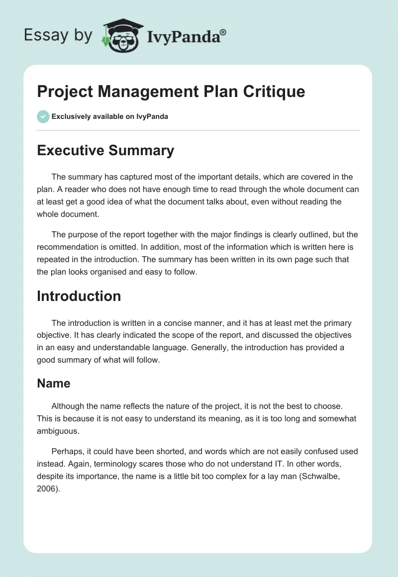Project Management Plan Critique. Page 1