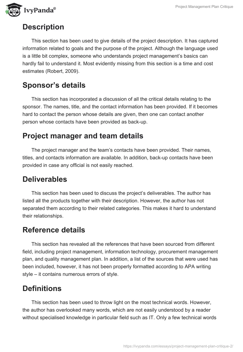 Project Management Plan Critique. Page 2