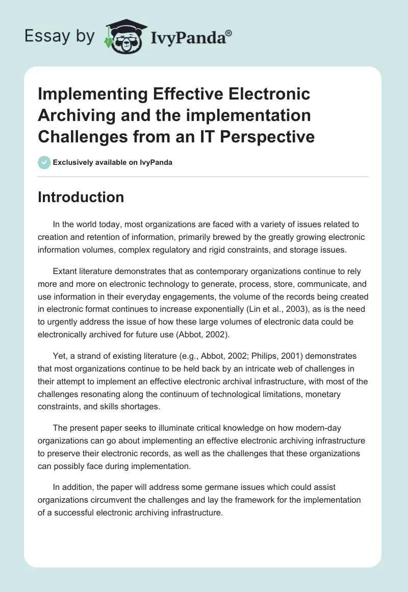Implementing Effective Electronic Archiving and the implementation Challenges From an IT Perspective. Page 1