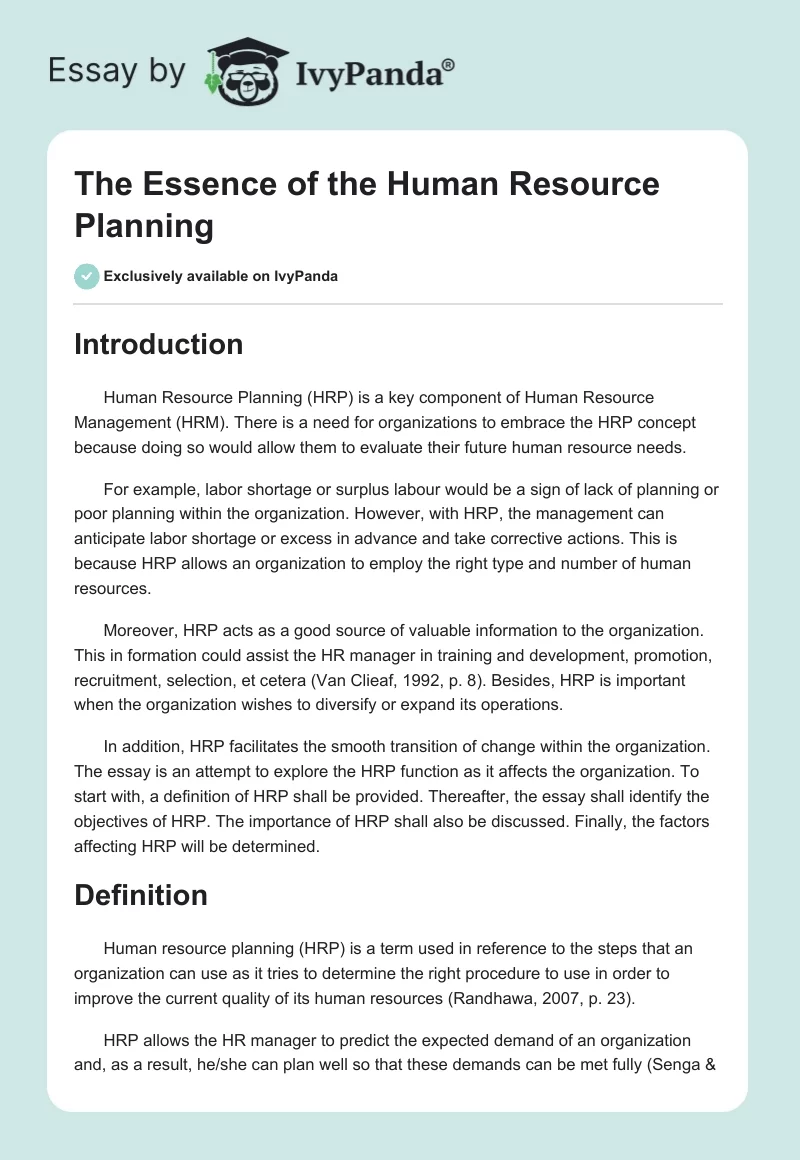 The Essence of the Human Resource Planning. Page 1