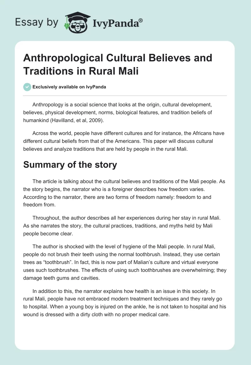 Anthropological Cultural Believes and Traditions in Rural Mali. Page 1