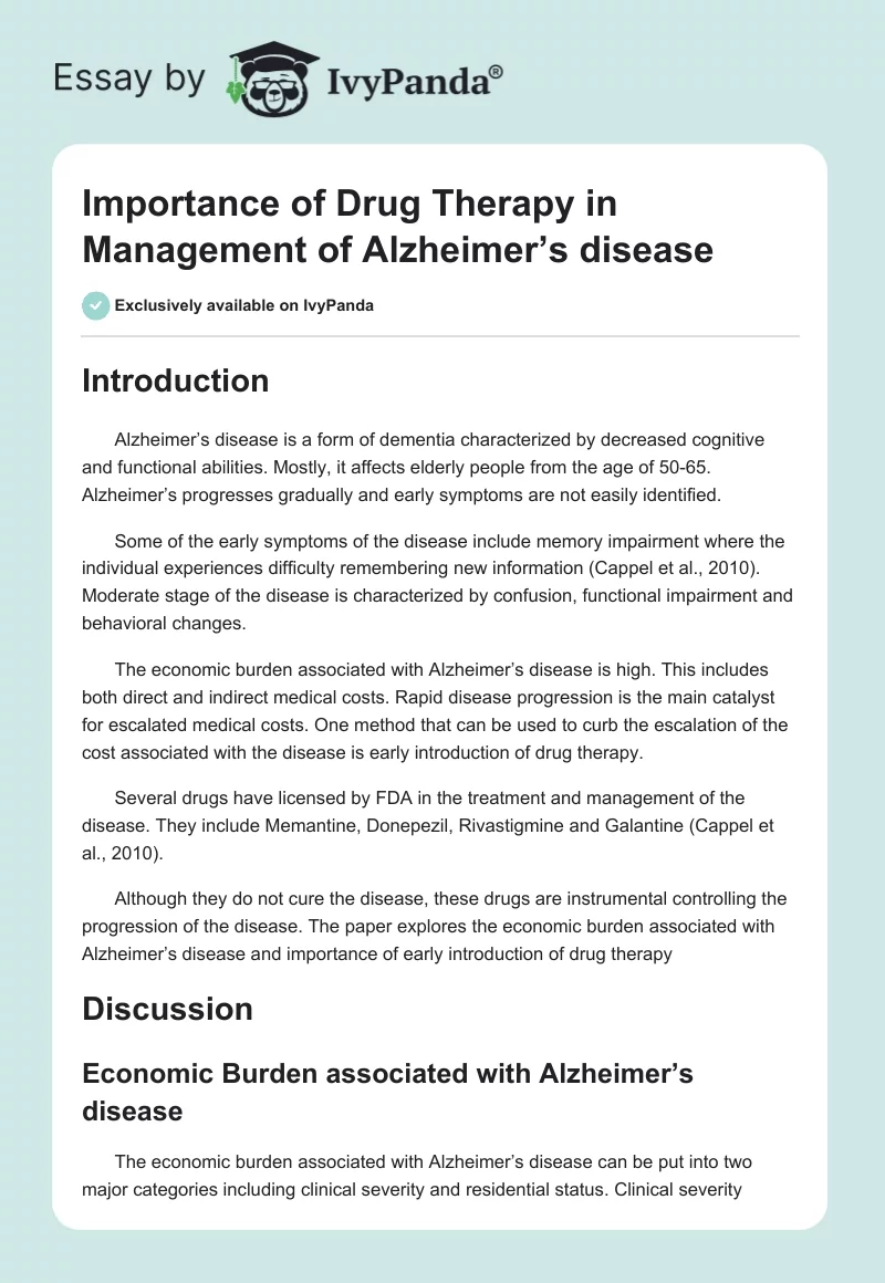 Importance of Drug Therapy in Management of Alzheimer’s Disease. Page 1