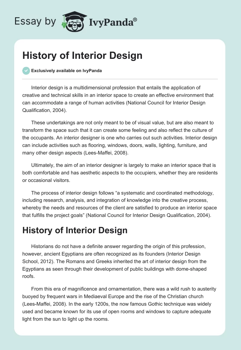 History of Interior Design. Page 1