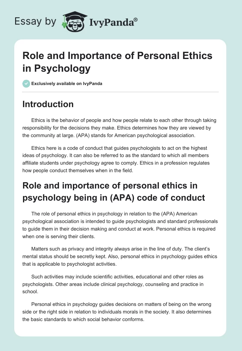 Role and Importance of Personal Ethics in Psychology. Page 1