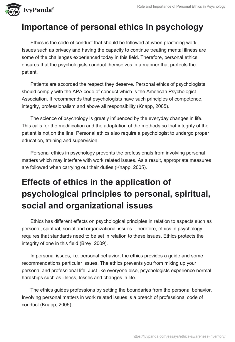 Role and Importance of Personal Ethics in Psychology. Page 2