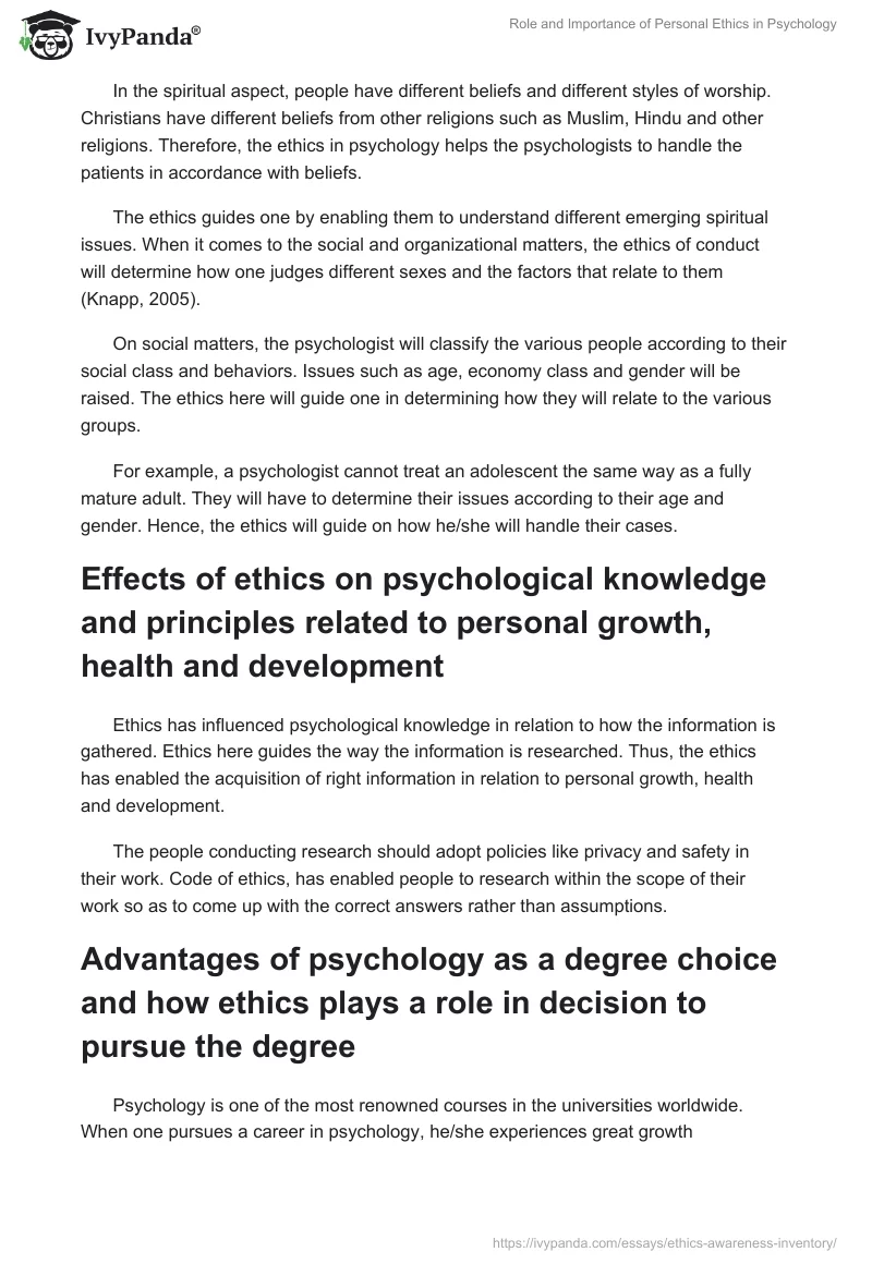 Role and Importance of Personal Ethics in Psychology. Page 3