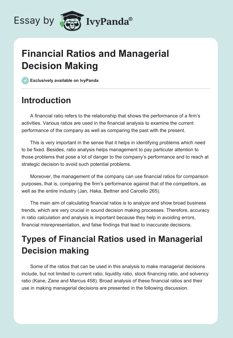 Financial Ratios and Managerial Decision Making. Page 1