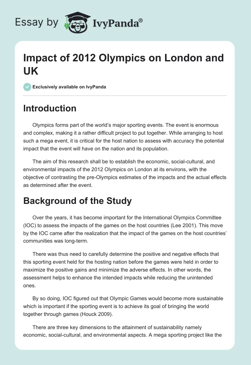 Impact of 2012 Olympics on London and UK. Page 1