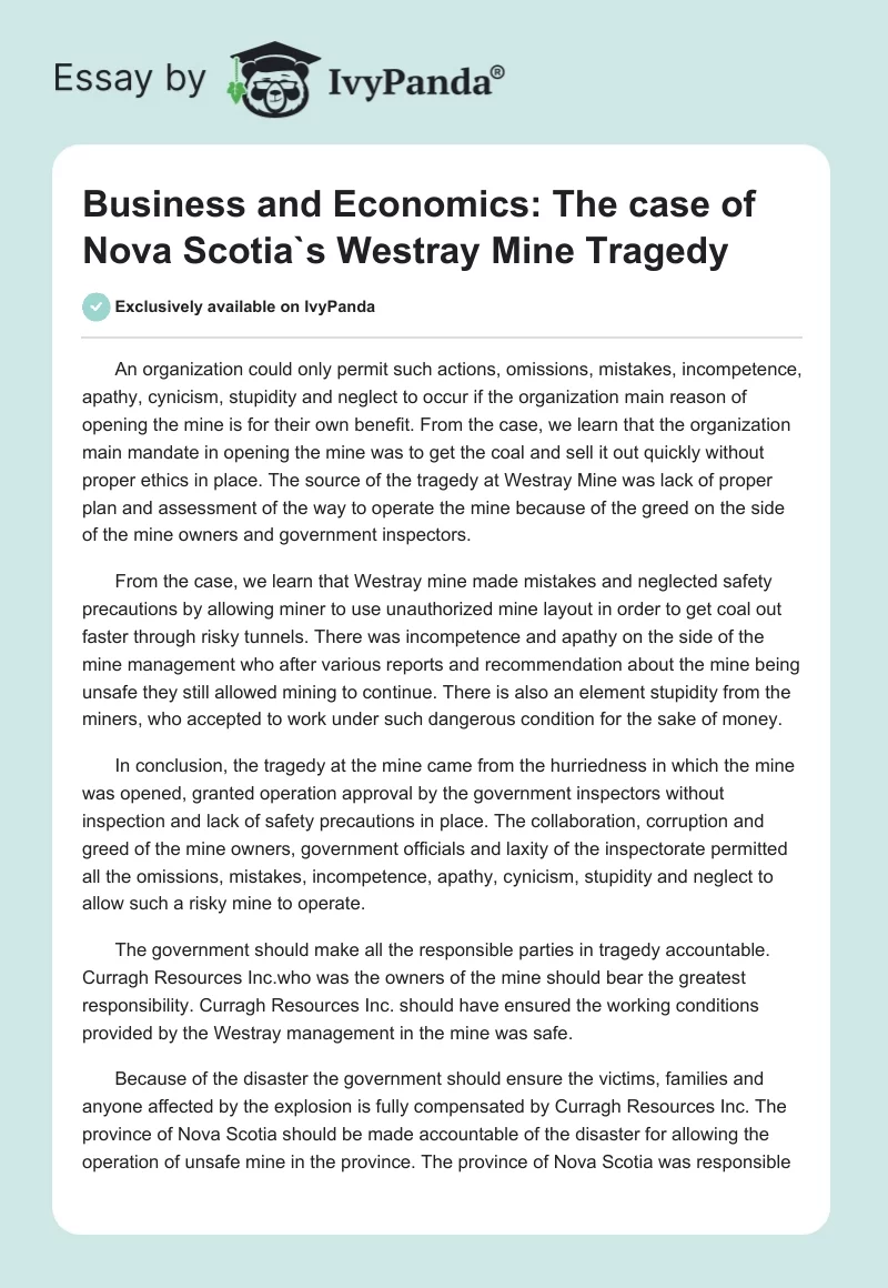 Business and Economics: The case of Nova Scotia`s Westray Mine Tragedy. Page 1