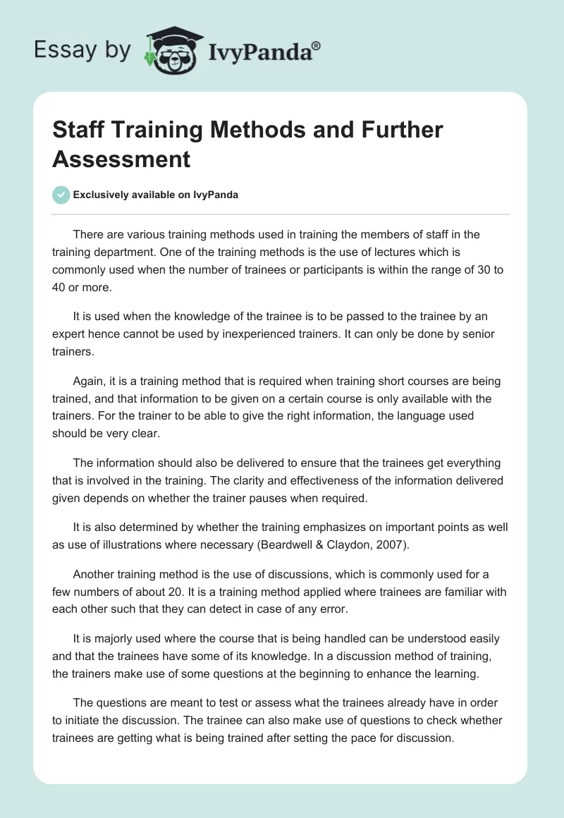 Staff Training Methods and Further Assessment. Page 1