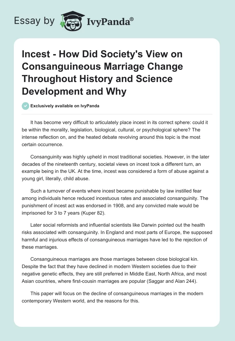 Incest - How Did Society's View on Consanguineous Marriage Change Throughout History and Science Development and Why. Page 1