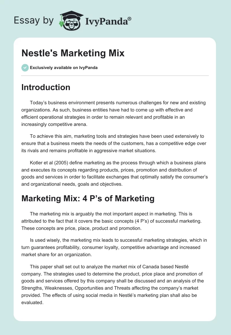 Nestle's Marketing Mix. Page 1