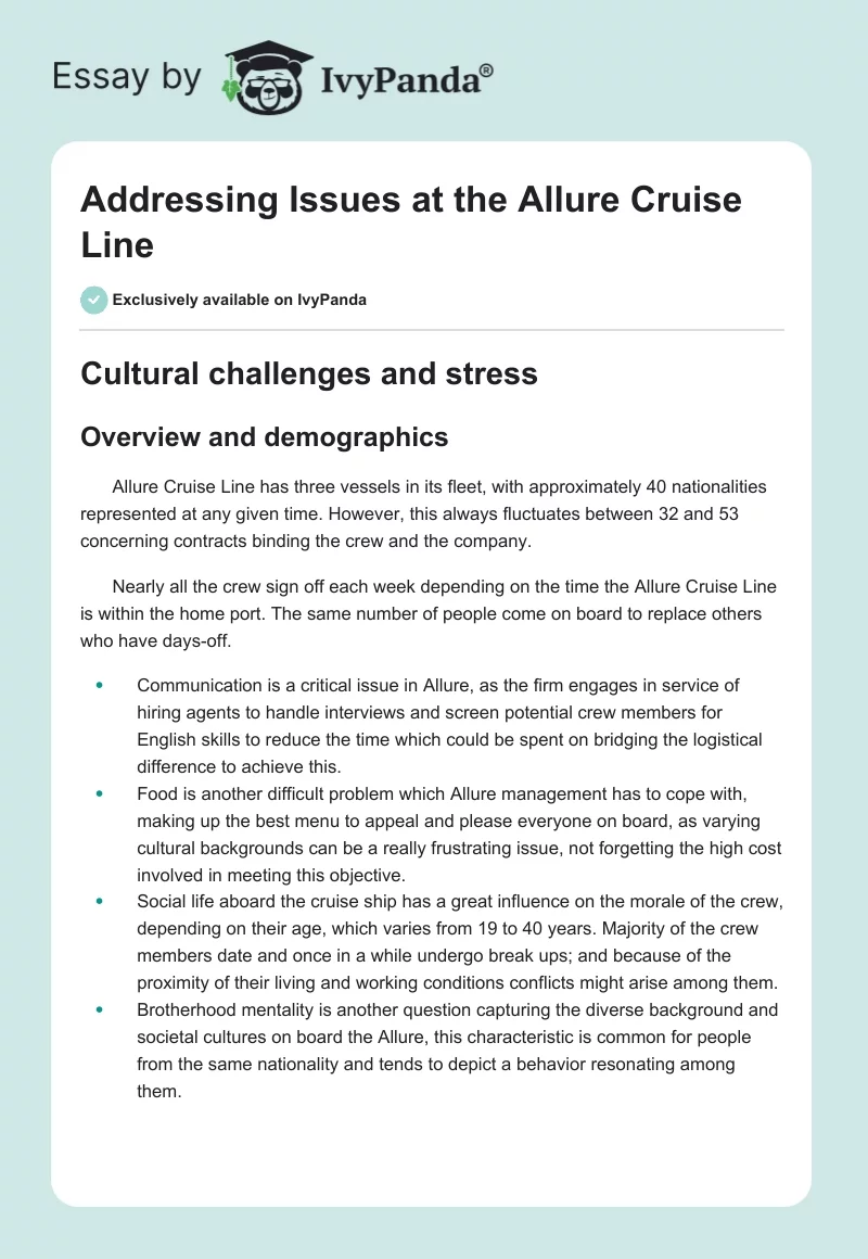 Addressing Issues at the Allure Cruise Line. Page 1