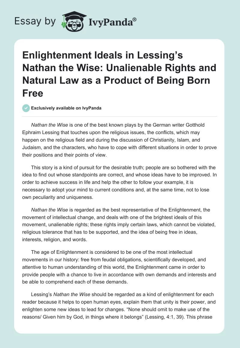 Enlightenment Ideals in Lessing’s Nathan the Wise: Unalienable Rights and Natural Law as a Product of Being Born Free. Page 1