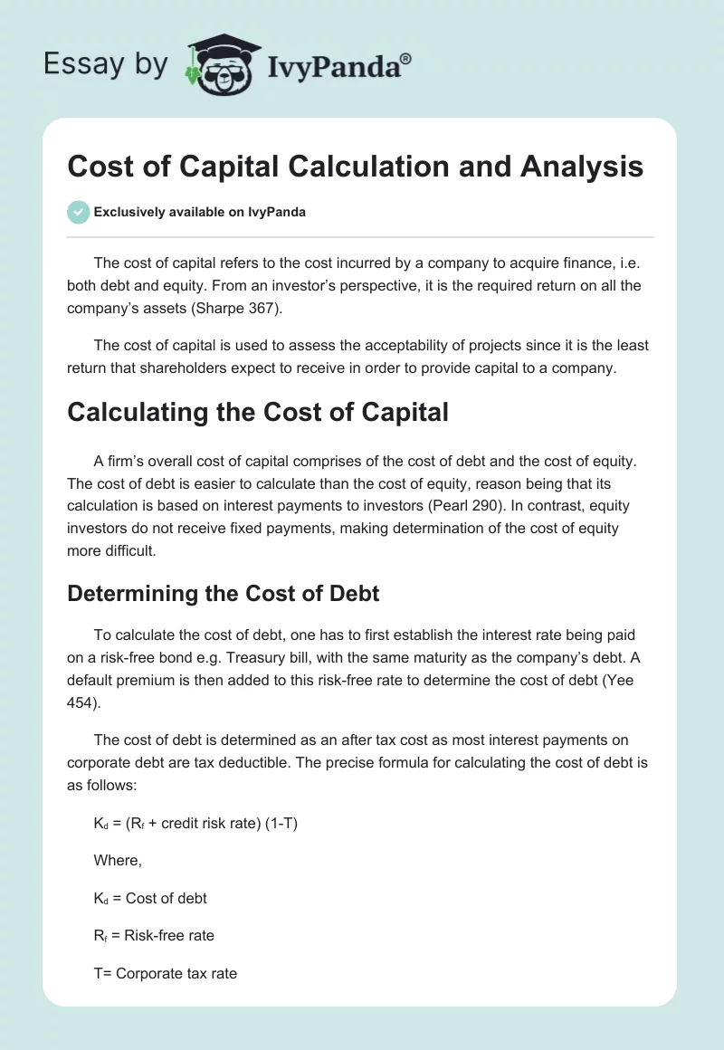 Cost of Capital Calculation and Analysis. Page 1