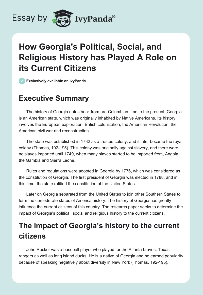 How Georgia's Political, Social, and Religious History has Played A Role on its Current Citizens. Page 1