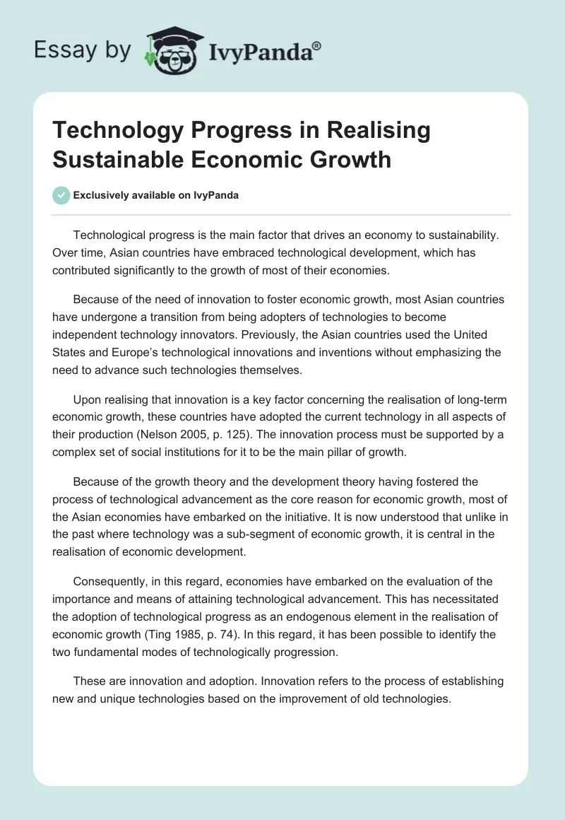 Technology Progress in Realising Sustainable Economic Growth. Page 1